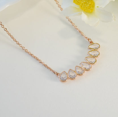 Multiple Water Drop 5A Zirconia Studded Linear Rose Gold Plated Chain Necklace