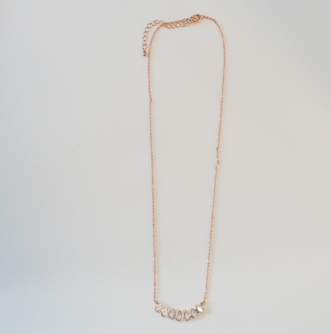 Multiple Water Drop 5A Zirconia Studded Linear Rose Gold Plated Chain Necklace