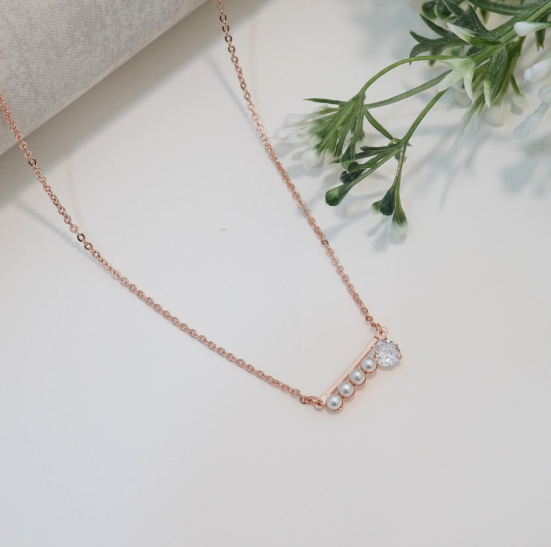 5A Zirconia Solitaire Studded Linear Pearls Chain Pendant Necklace in 18K Rose Gold Plated