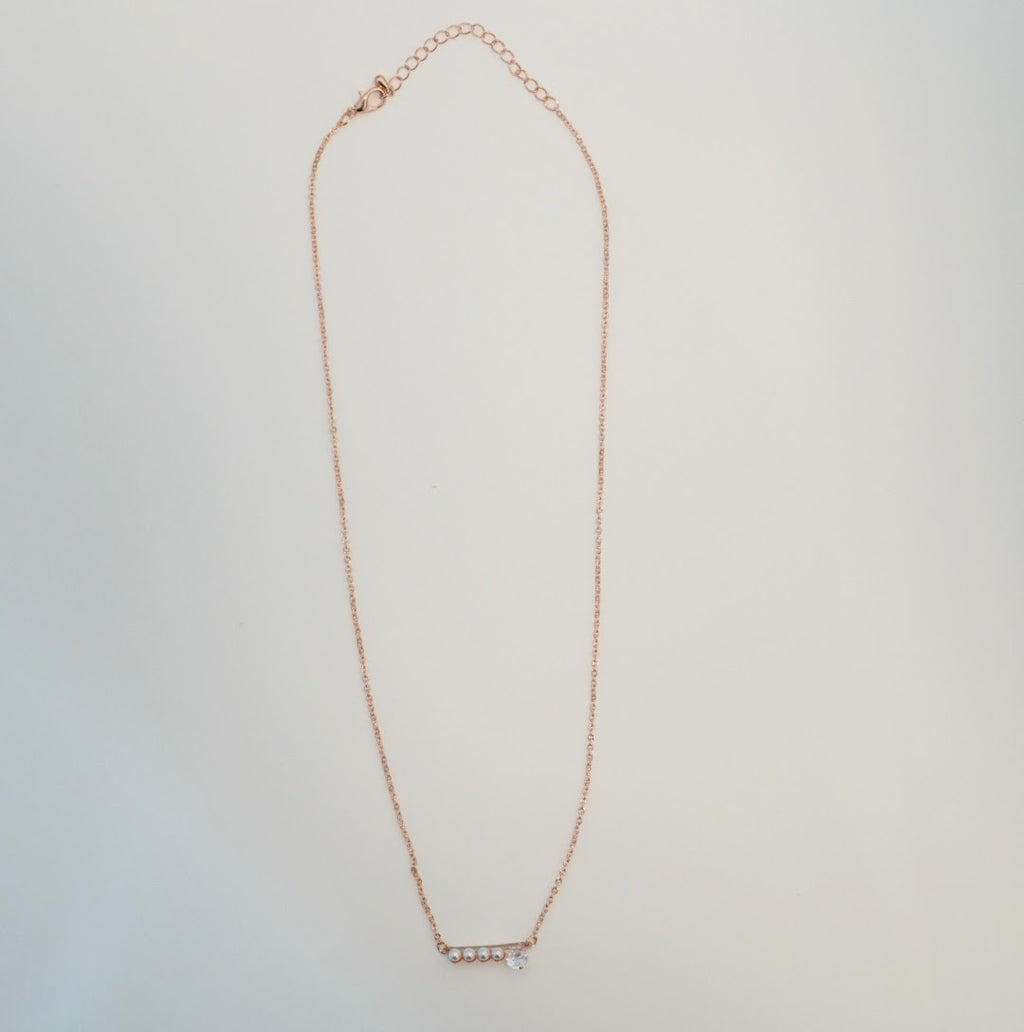 5A Zirconia & Pearl Linear Pendant Western Necklace, Rose Gold plated