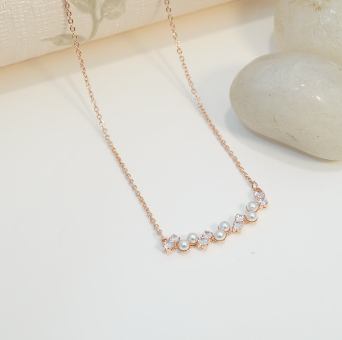 Pearl and Zirconia Studded Zig Zig Linear Chain Pendant Necklace 18K Rose Gold Plated