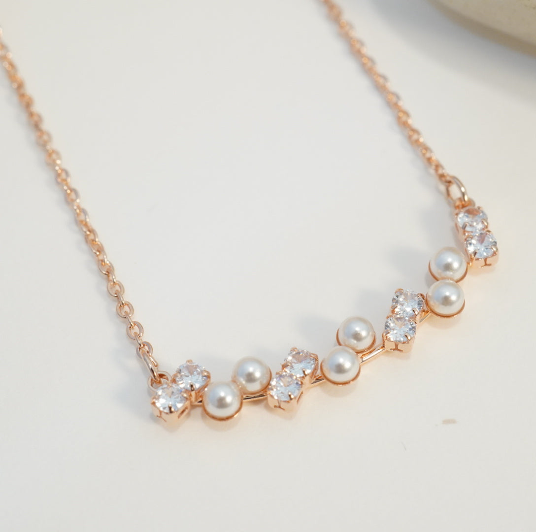 Pearl and Zirconia Studded Zig Zig Linear Chain Pendant Necklace 18K Rose Gold Plated