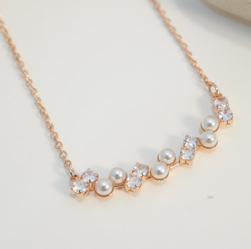 18K Rose Gold Plated Pearl & Zirconia Zigzag Pendant Western Necklace
