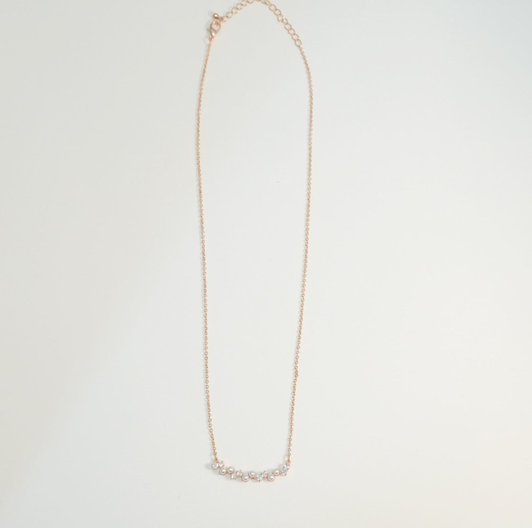 Pearl and Zirconia Studded Zig Zig Linear Chain Pendant Necklace 18K Rose Gold Plated