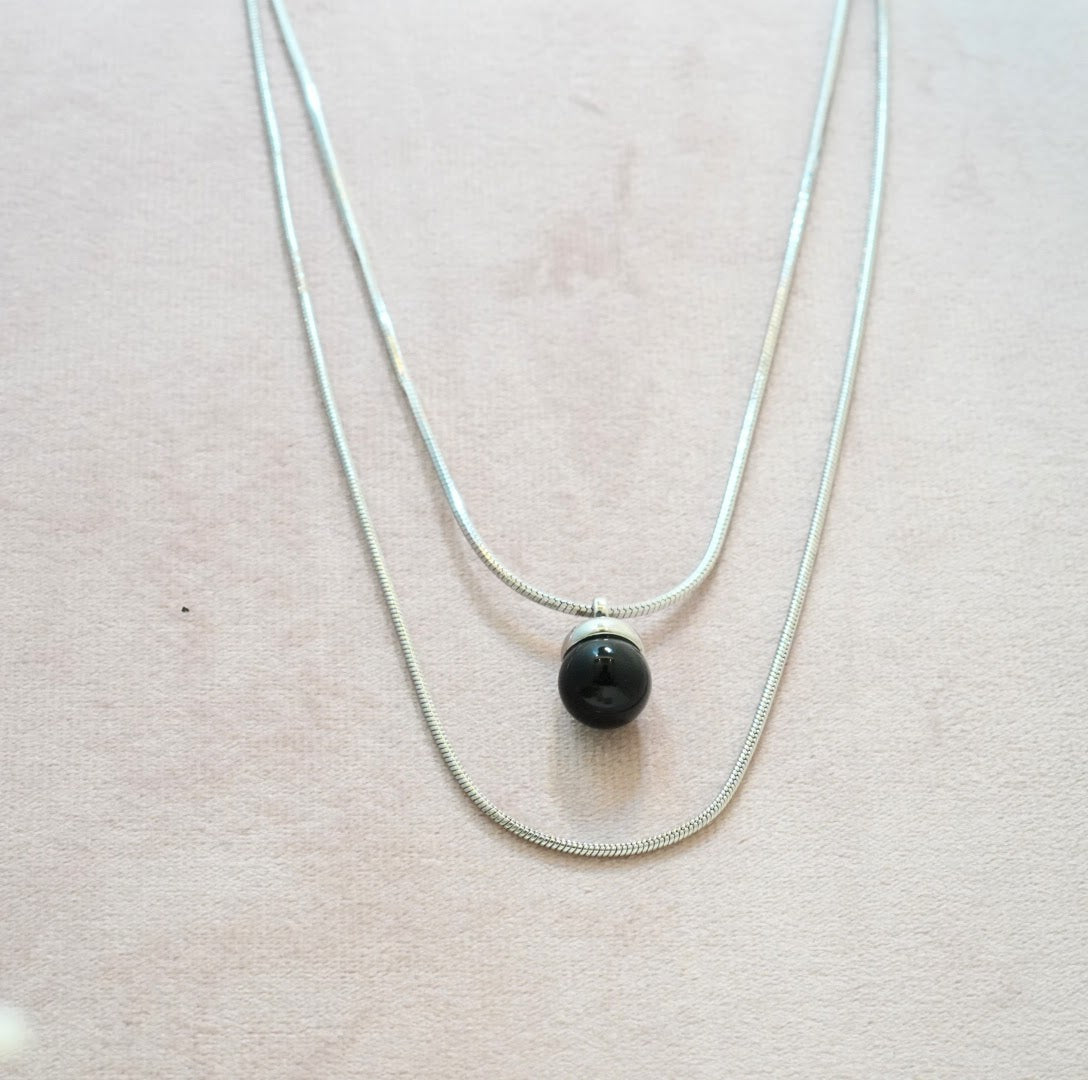 Black Circular Pendant in Rhodium Plated Double Layered Necklace