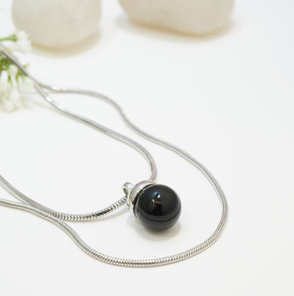 Black Circular Pendant in Rhodium Plated Double Layered Necklace