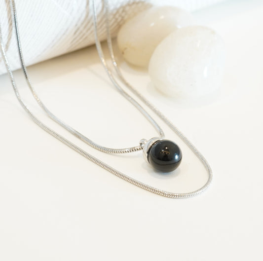 Black Circular Pendant in Rhodium Plated Double Layered Necklace