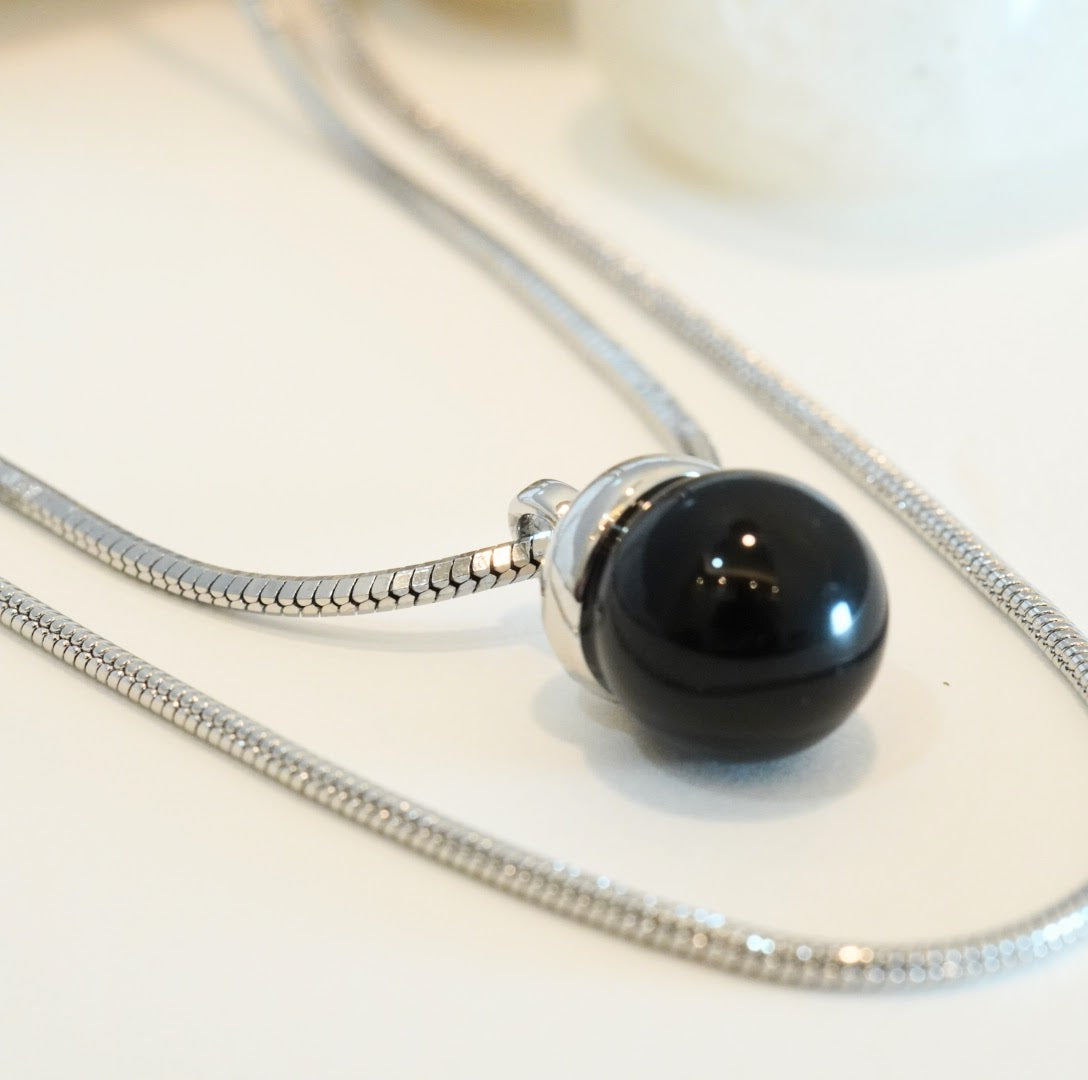 Black Circular Pendant in Rhodium Plated Double Layered Necklace