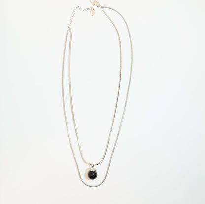 Black Circular Pendant in Rhodium Plated Double Layered Necklace