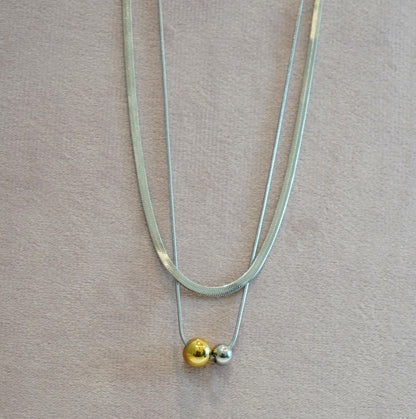 Double Layered Rhodium Plated Snake & Minimalist Chain with Circular Pendant Necklace