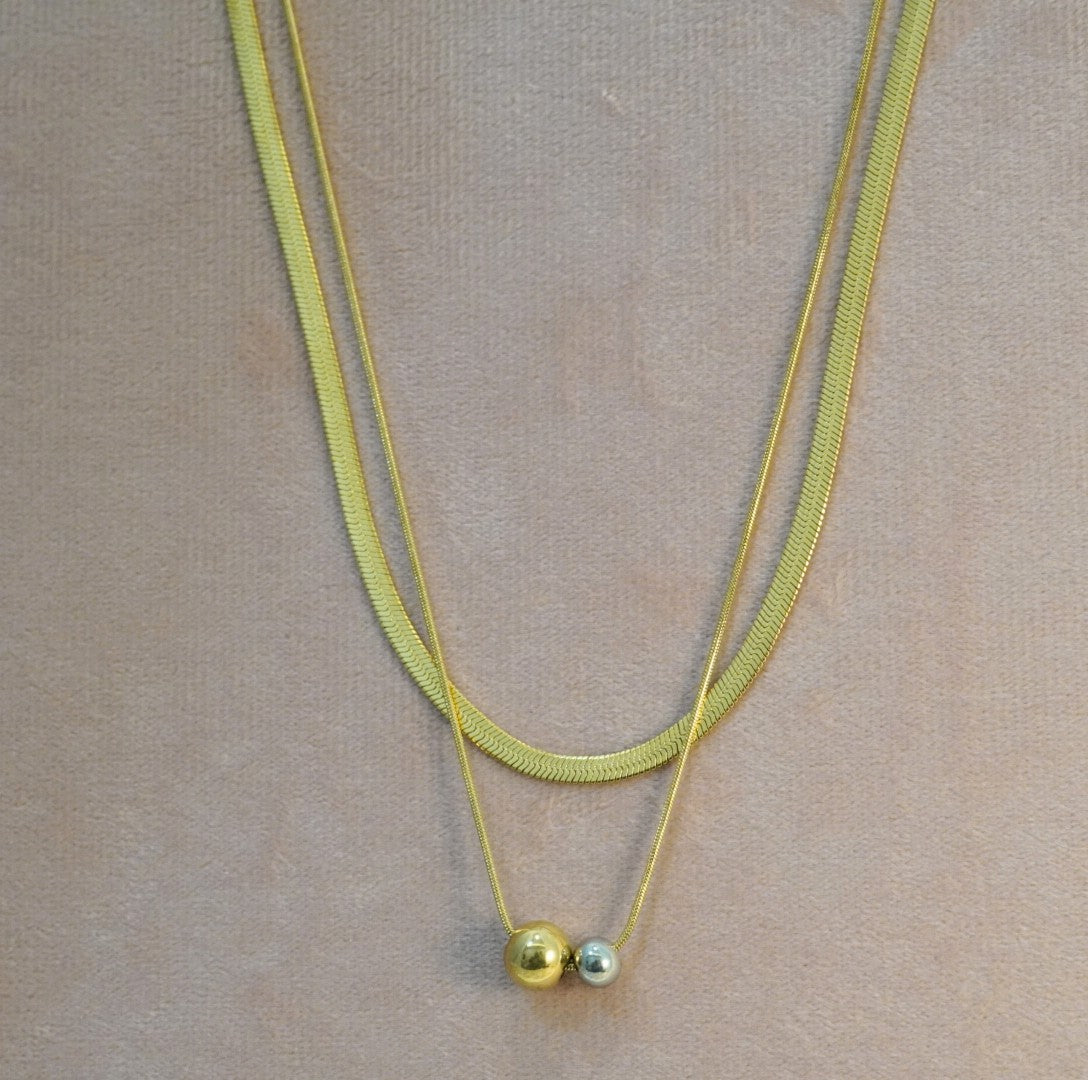 Double Layered 18K Gold Plated Snake & Minimalist Chain with Circular Pendant Necklace