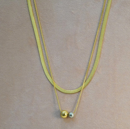 Double Layered 18K Gold Plated Snake & Minimalist Chain with Circular Pendant Necklace