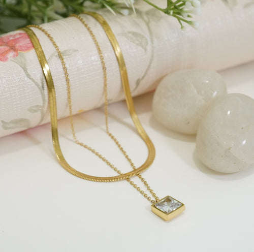 18K Gold-Plated Multilayer Zirconia Solitaire Western Necklace