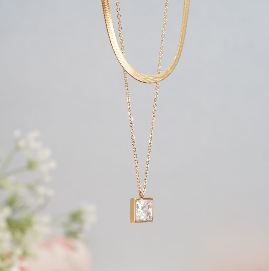 Zirconia Solitaire Multilayer 18K Gold Plated Pendant Necklace