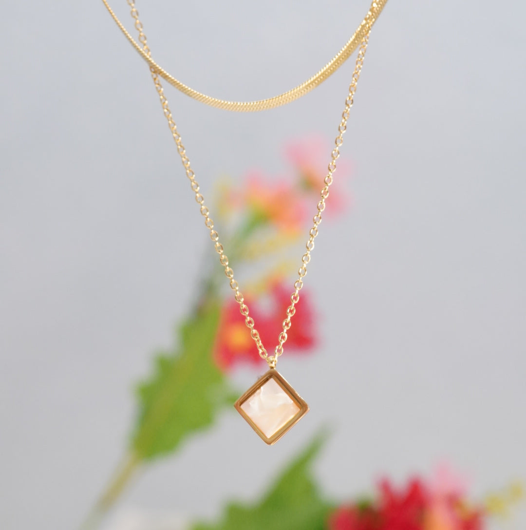 Square Mother of Pearl Pendant in 18K Gold Plated Multilayered Necklace