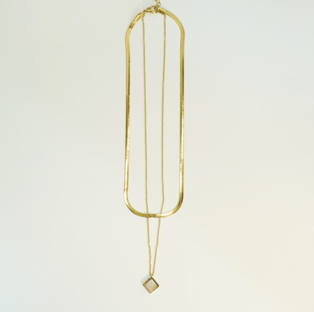 Square Mother of Pearl Pendant in 18K Gold Plated Multilayered Necklace