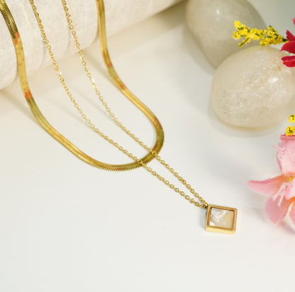 Square Mother of Pearl Pendant in 18K Gold Plated Multilayered Necklace