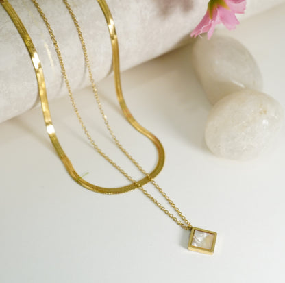 Square Mother of Pearl Pendant in 18K Gold Plated Multilayered Necklace