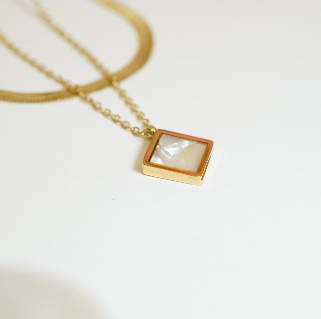 Square Mother of Pearl Pendant in 18K Gold Plated Multilayered Necklace