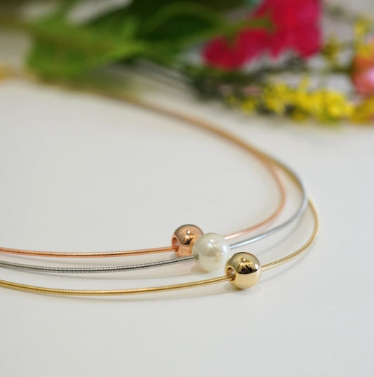 Trendy Beaded Multilayer Necklace in Rhodium, Rose Gold & 18K Gold Plating