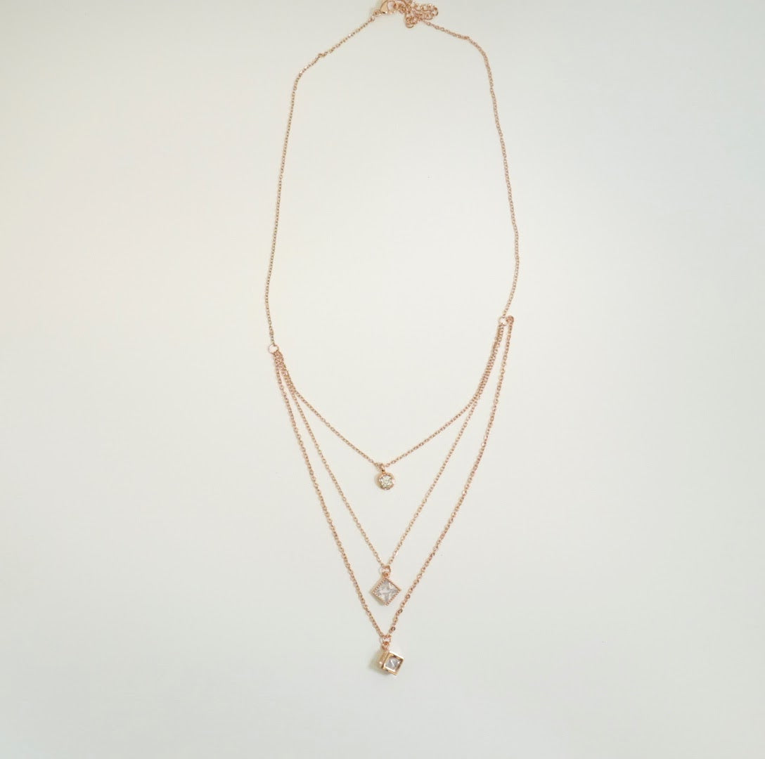 Cubic and Circular Zirconia Pendants in Multi Layered Chain Necklace in 18K Rose Gold Plated Necklace