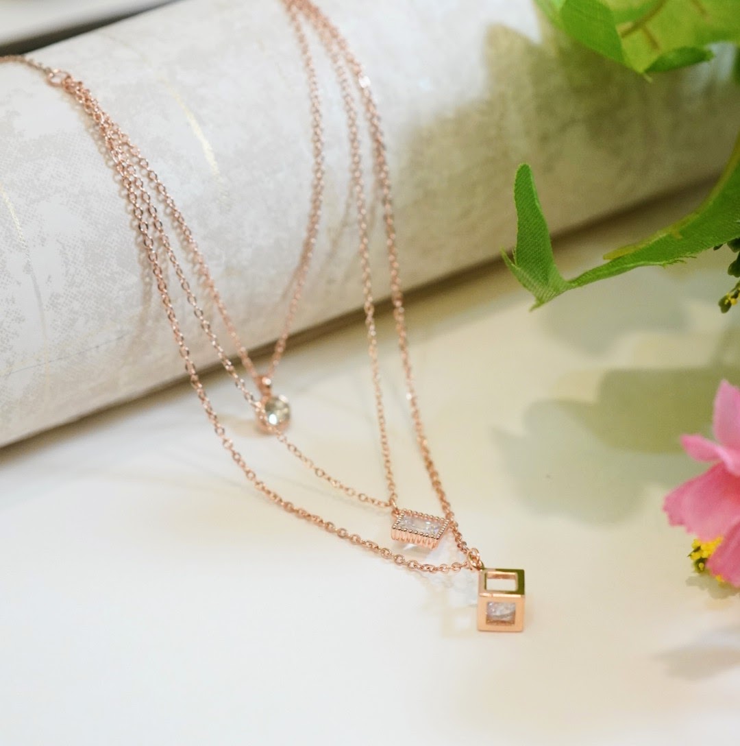 Cubic and Circular Zirconia Pendants in Multi Layered Chain Necklace in 18K Rose Gold Plated Necklace