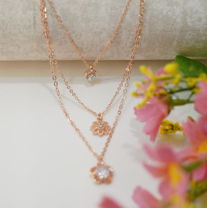 Zirconia Studded Floral Pendant Multilayered 18K Rose Gold Plated Necklace