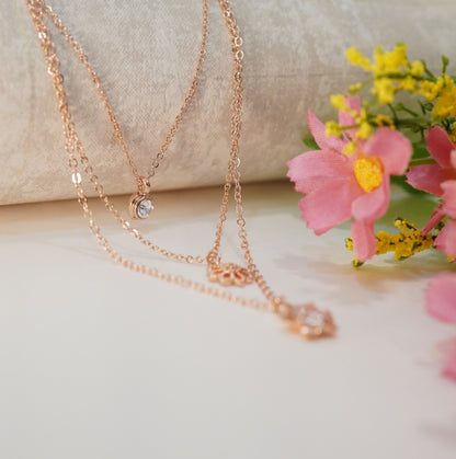 Zirconia Studded Floral Pendant Multilayered 18K Rose Gold Plated Necklace