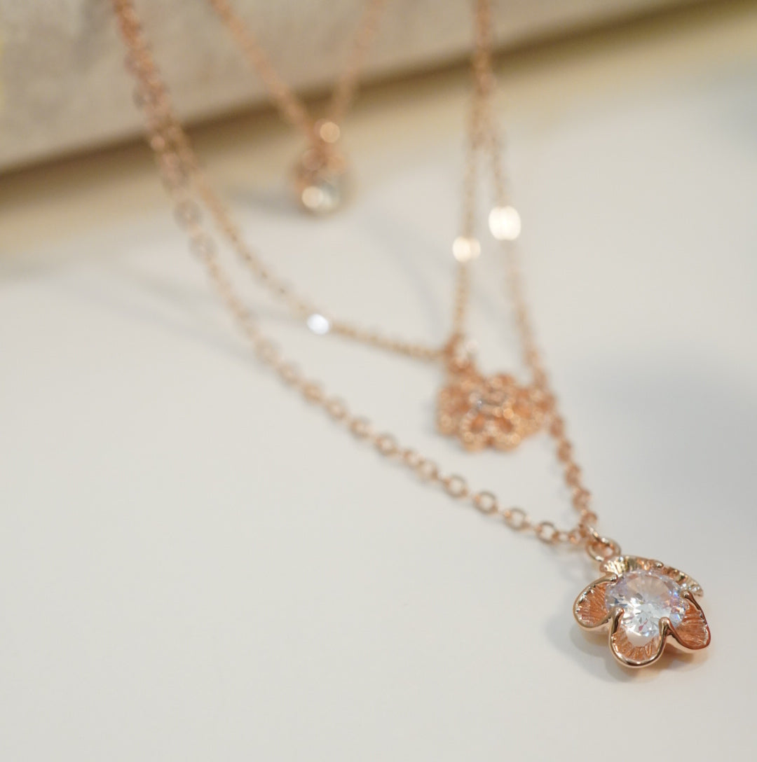 Zirconia Studded Floral Pendant Multilayered 18K Rose Gold Plated Necklace