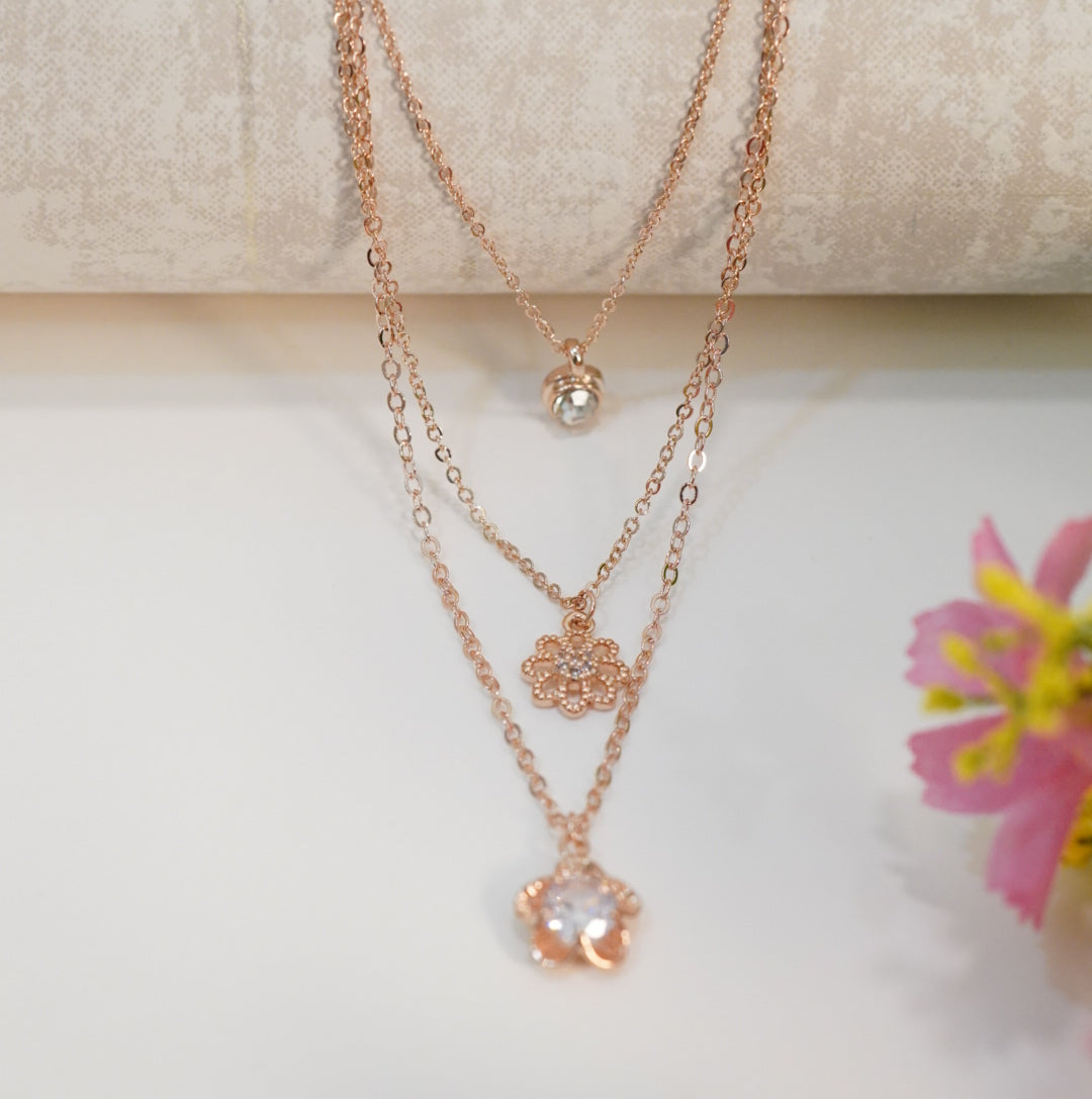 Zirconia Studded Floral Pendant Multilayered 18K Rose Gold Plated Necklace