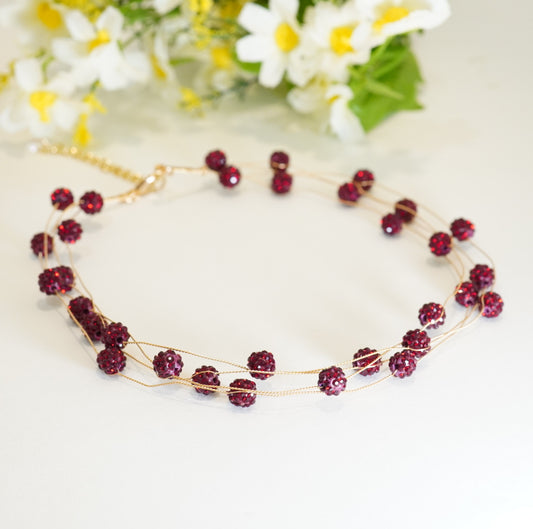 Deep Red Crystal Beaded 4 Layered Choker Necklace