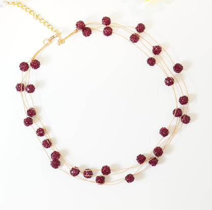 Deep Red Crystal Beaded 4 Layered Choker Necklace