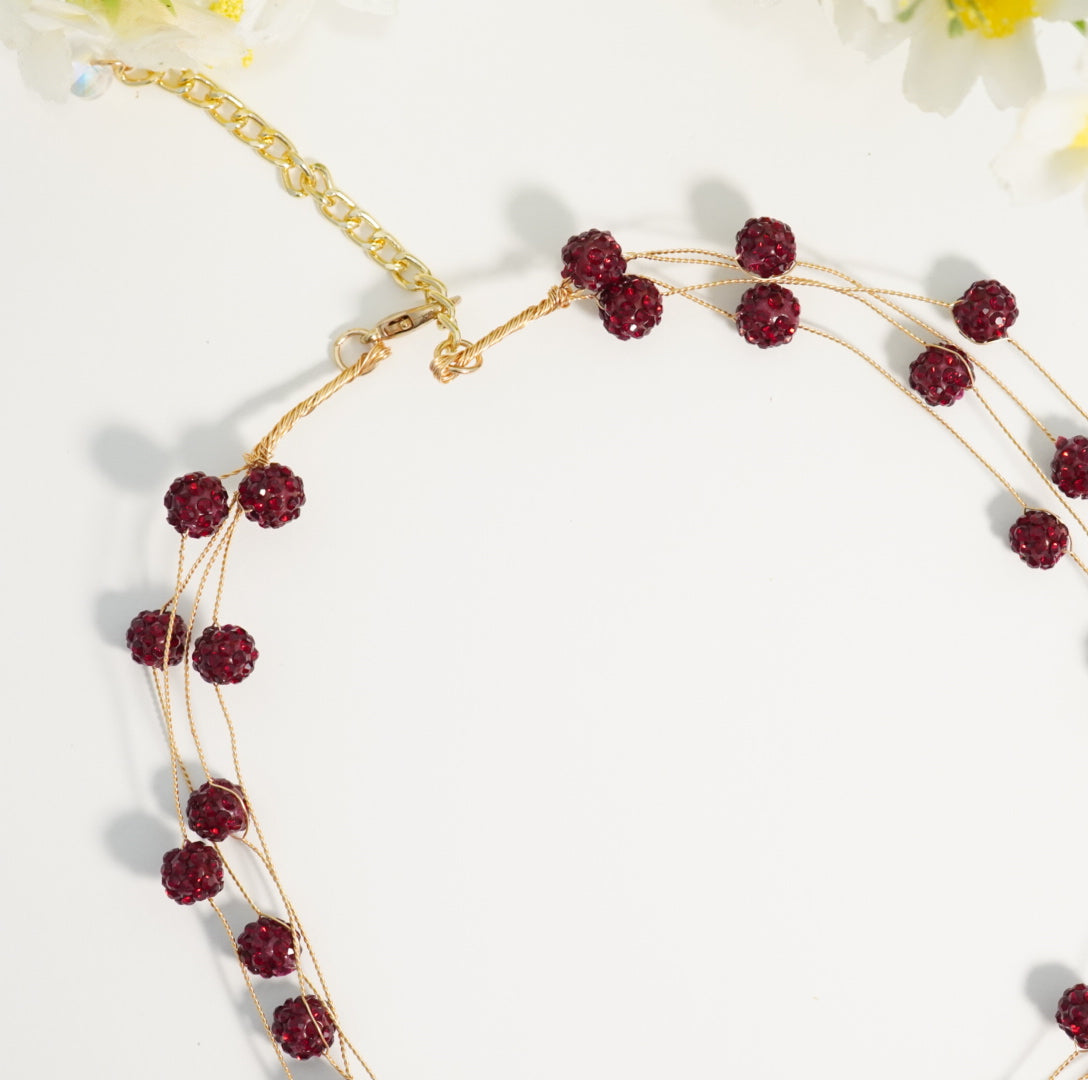 Deep Red Crystal Beaded 4 Layered Choker Necklace