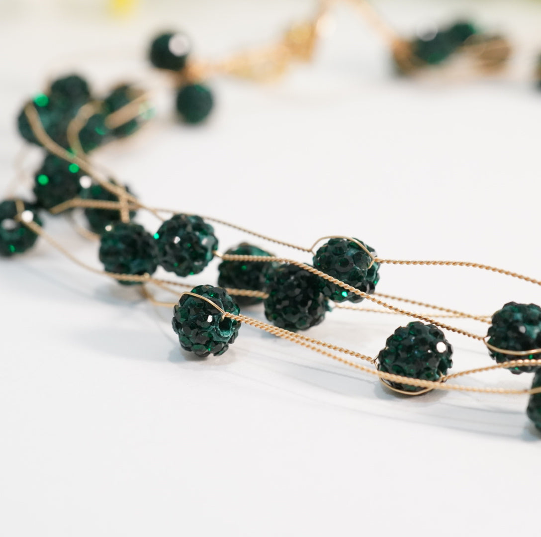 5 Layered Dark Green Crystal Beaded Choker Necklace