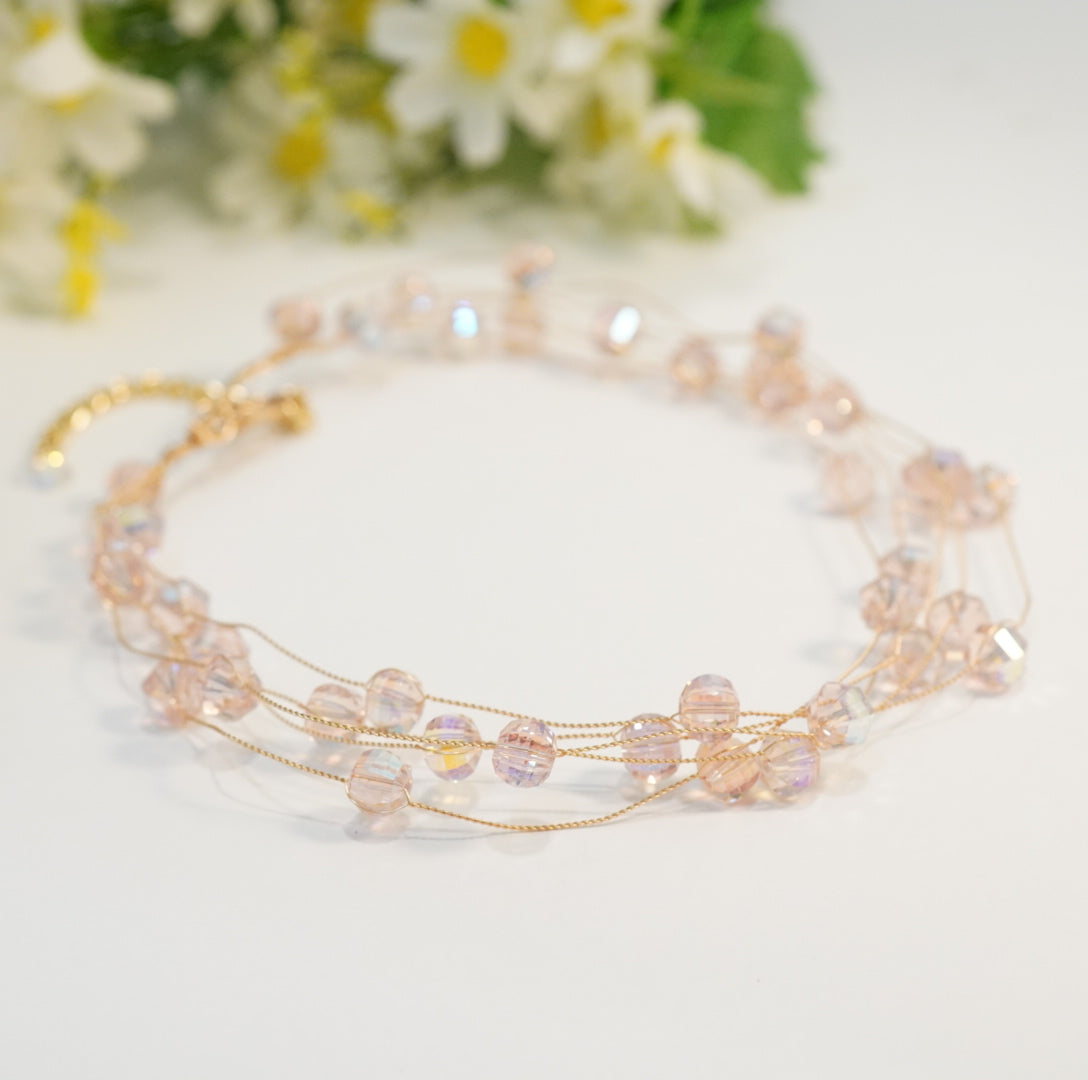 5 Layered Baby Pink Crystal Beaded Choker Necklace