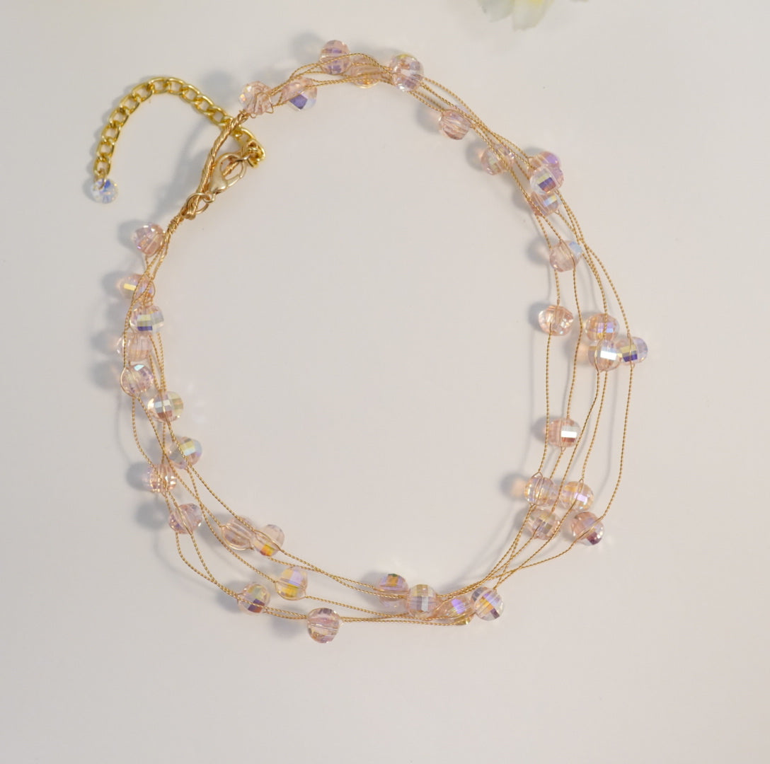 5 Layered Baby Pink Crystal Beaded Choker Necklace