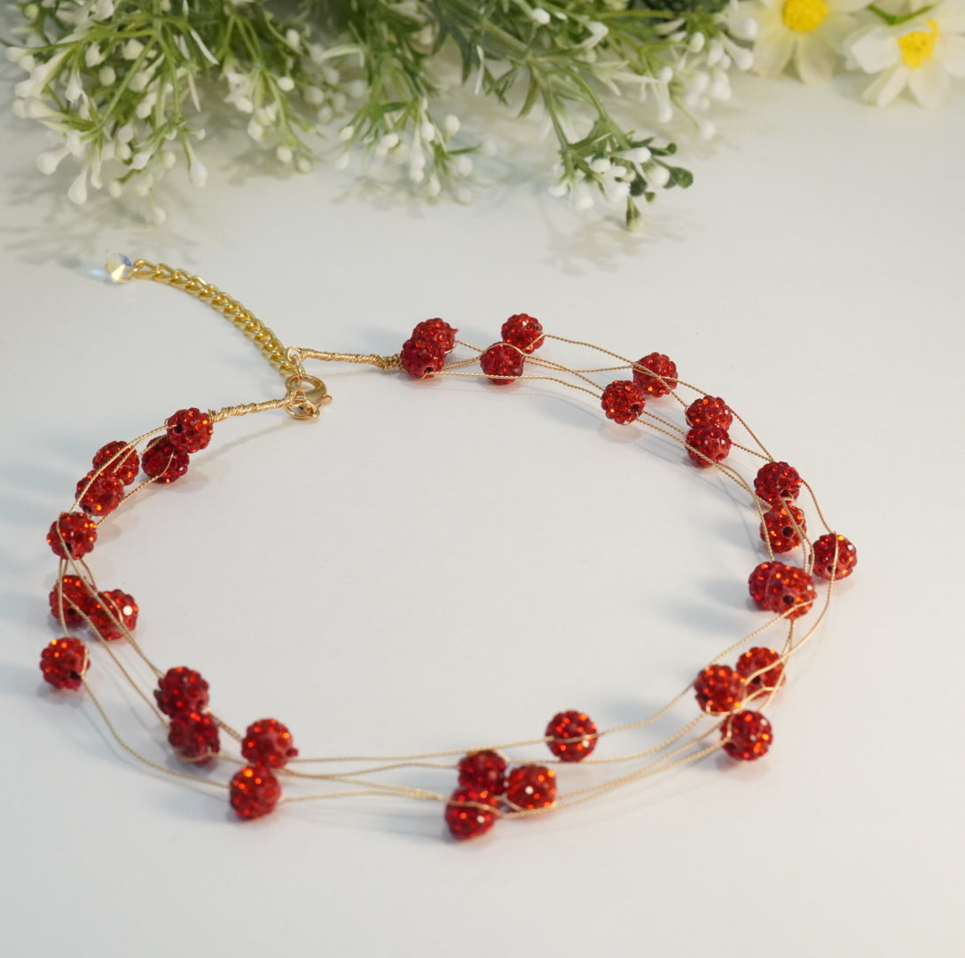 Bright Red Crystal Beaded 4 Layered Choker Necklace