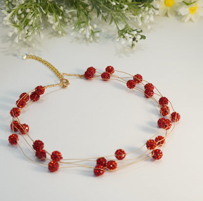 Bright Red Crystal Beaded 4 Layered Choker Necklace