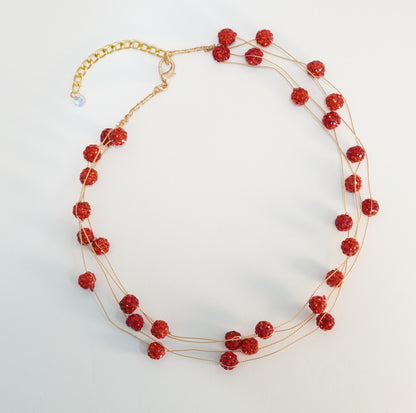 Bright Red Crystal Beaded 4 Layered Choker Necklace