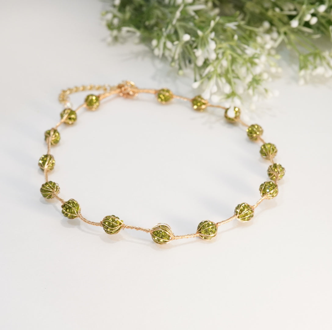 Single Layered Olive Green Crystal Beaded Choker Necklace