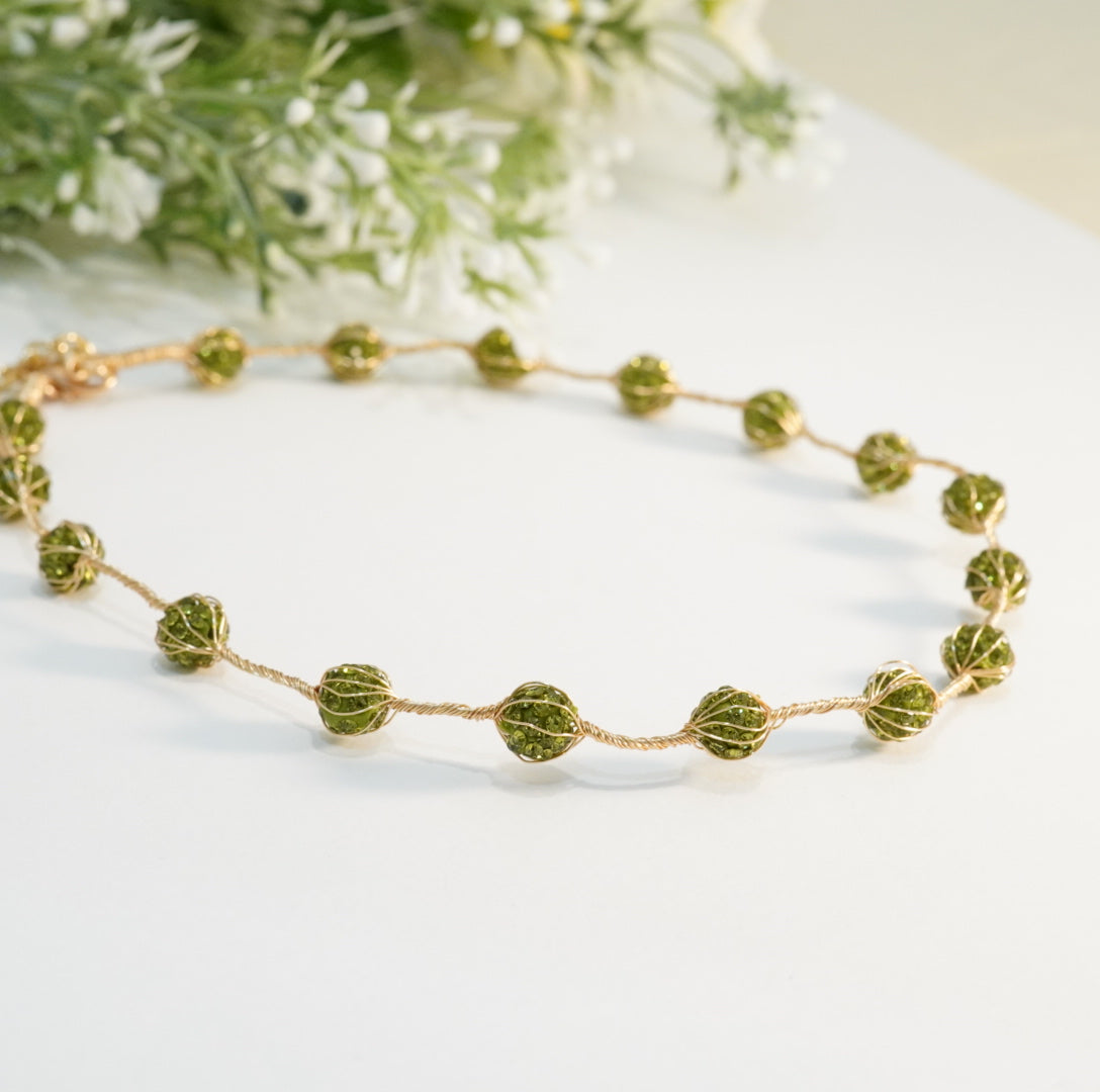 Single Layered Olive Green Crystal Beaded Choker Necklace