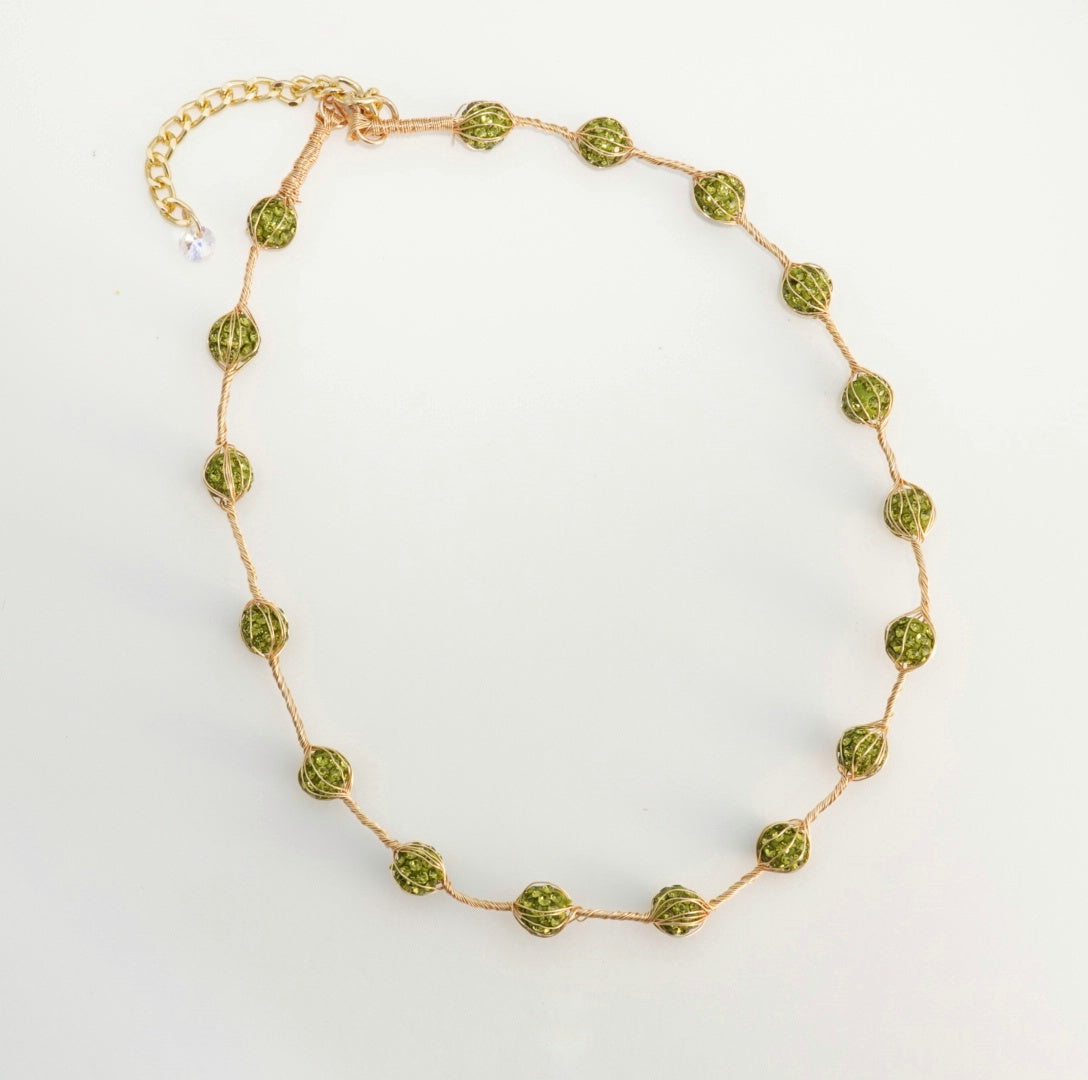 Single Layered Olive Green Crystal Beaded Choker Necklace