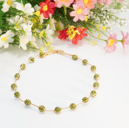 Single Layered Olive Green Crystal Beaded Choker Necklace