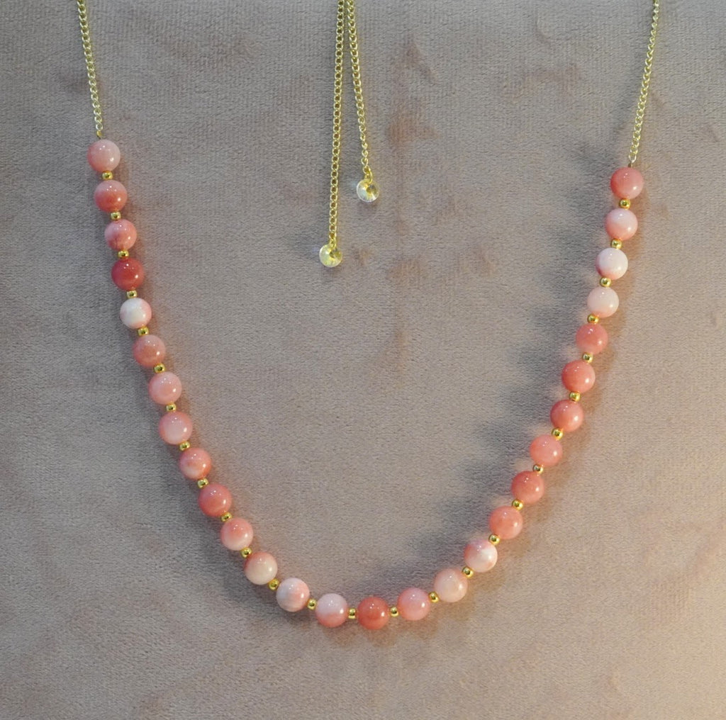 Peachy Pink and Gold Glass Beaded Choker Necklace