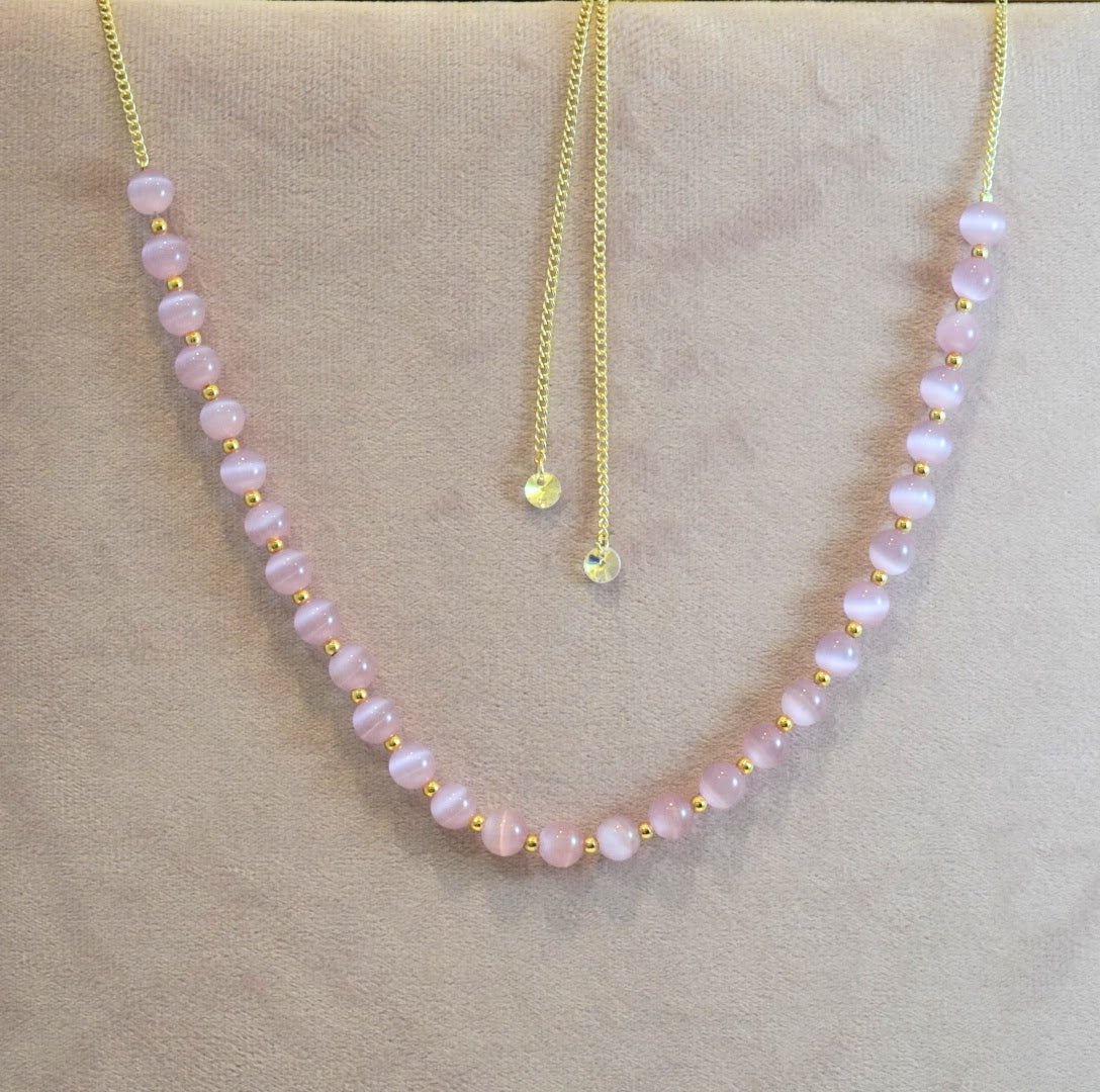 Onion Pink and Gold Glass Beaded Choker Necklace