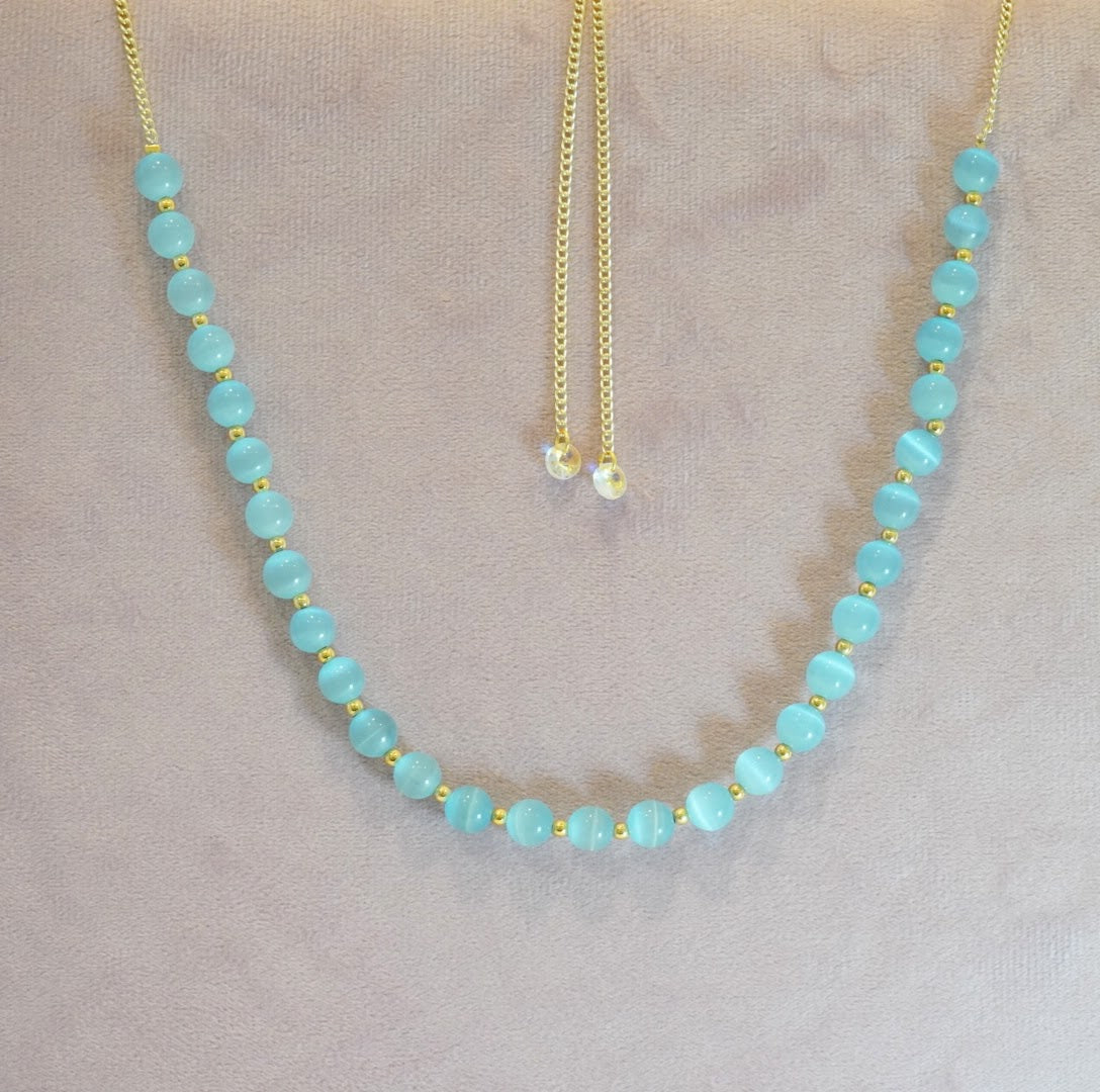 Aqua Blue and Gold Glass Beaded Choker Necklace