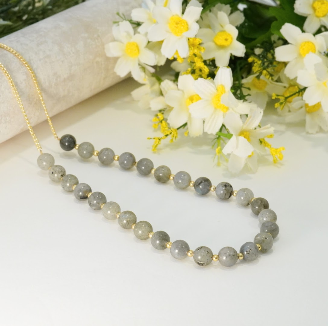 Grey and Gold Glass Beaded Choker Necklace