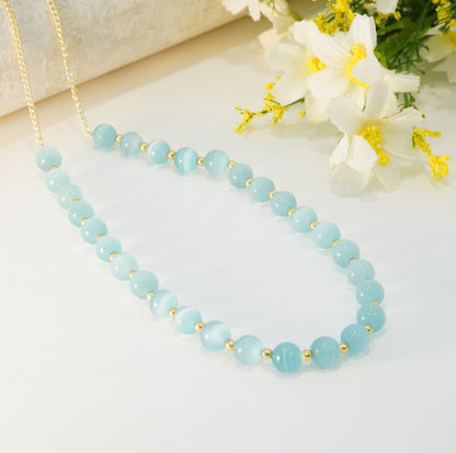 Aqua Blue and Gold Glass Beaded Choker Necklace