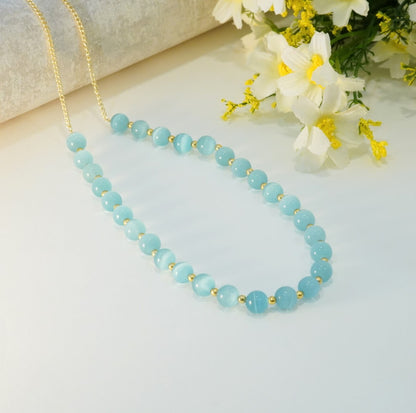 Aqua Blue and Gold Glass Beaded Choker Necklace