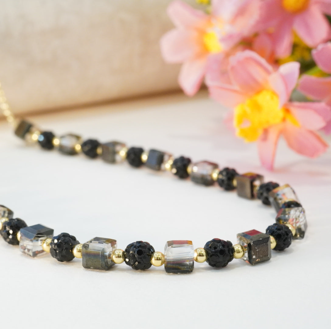 Black Round Crystal Beads with Square Transparent Purple Crystals Choker Necklace